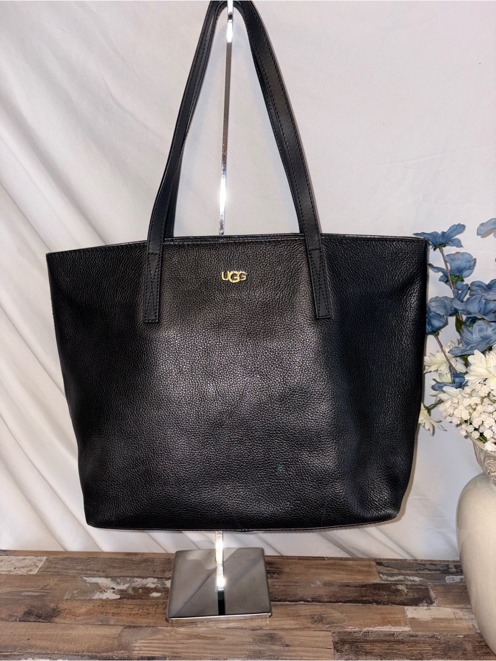 UGG Black Pebbled Leather Tote with Gold Logo
